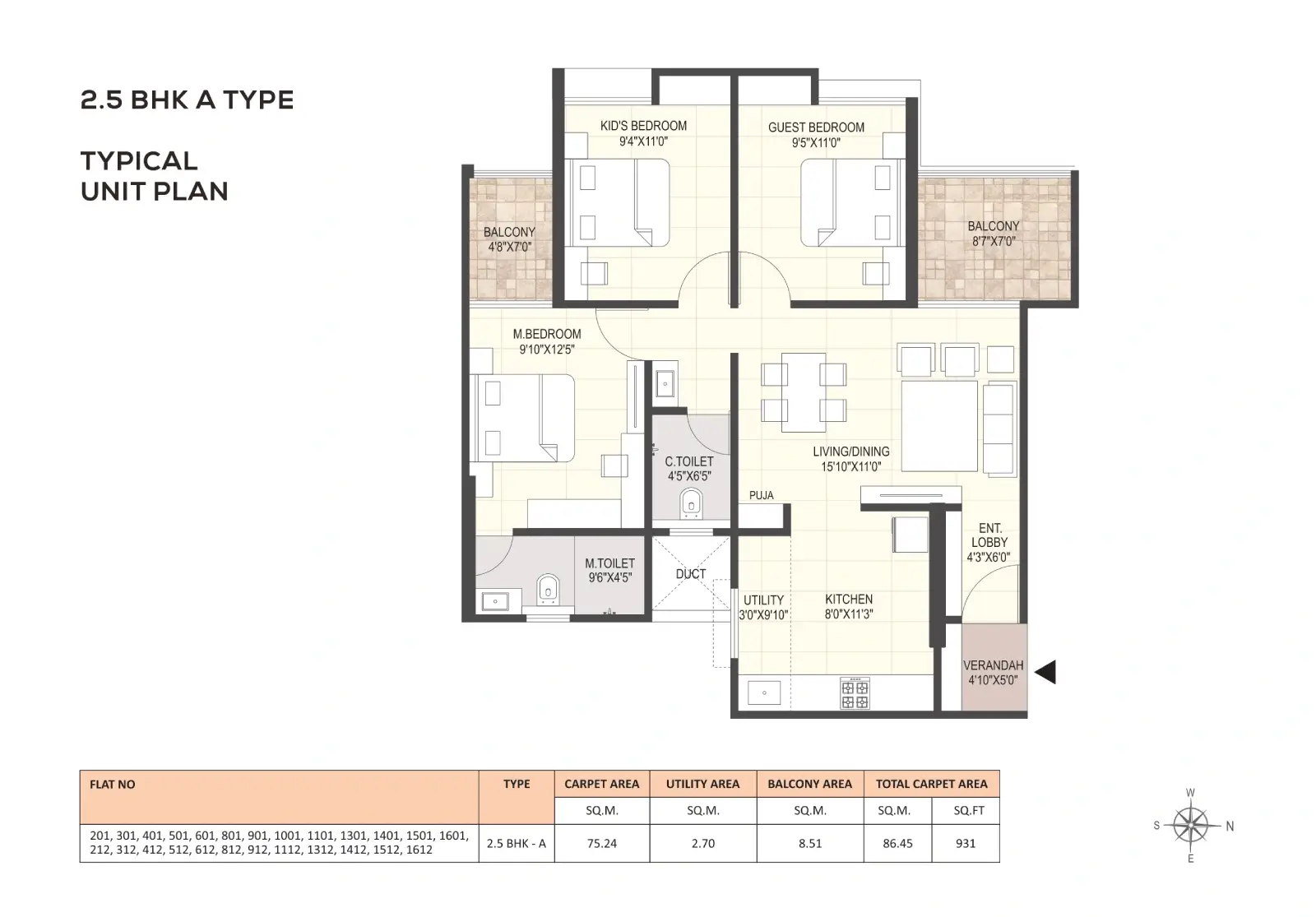 2.5 BHK typical unit plans