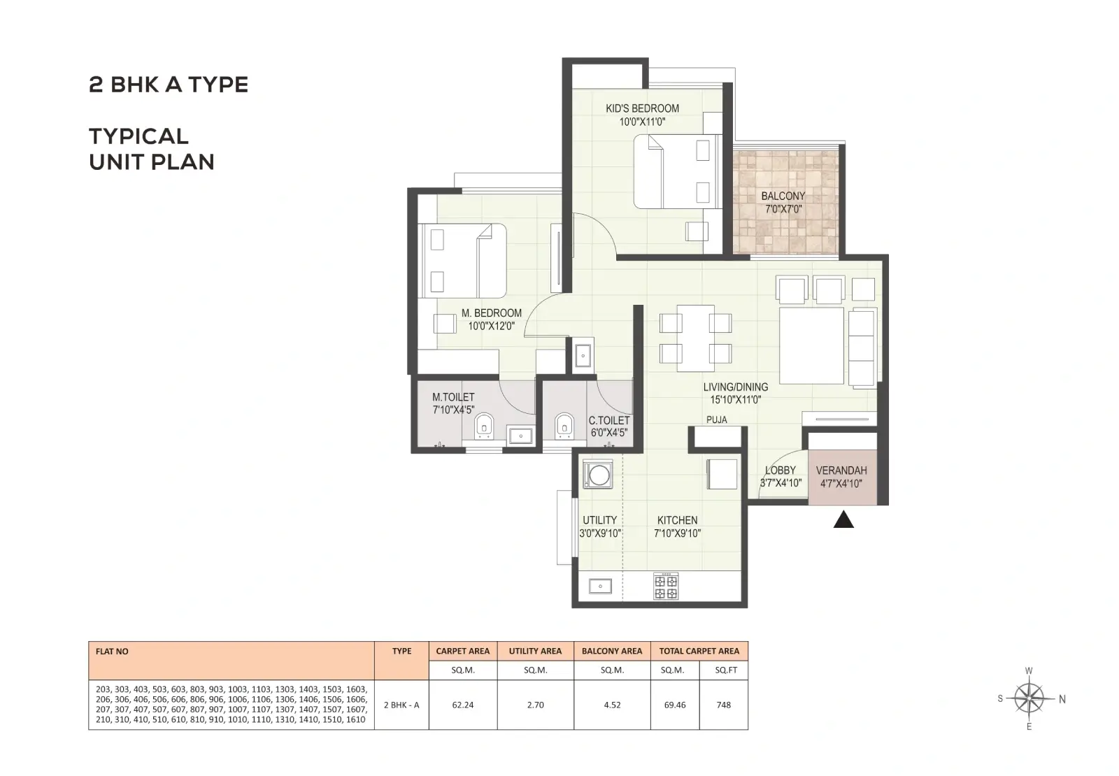 2 BHK A type typical unit plans