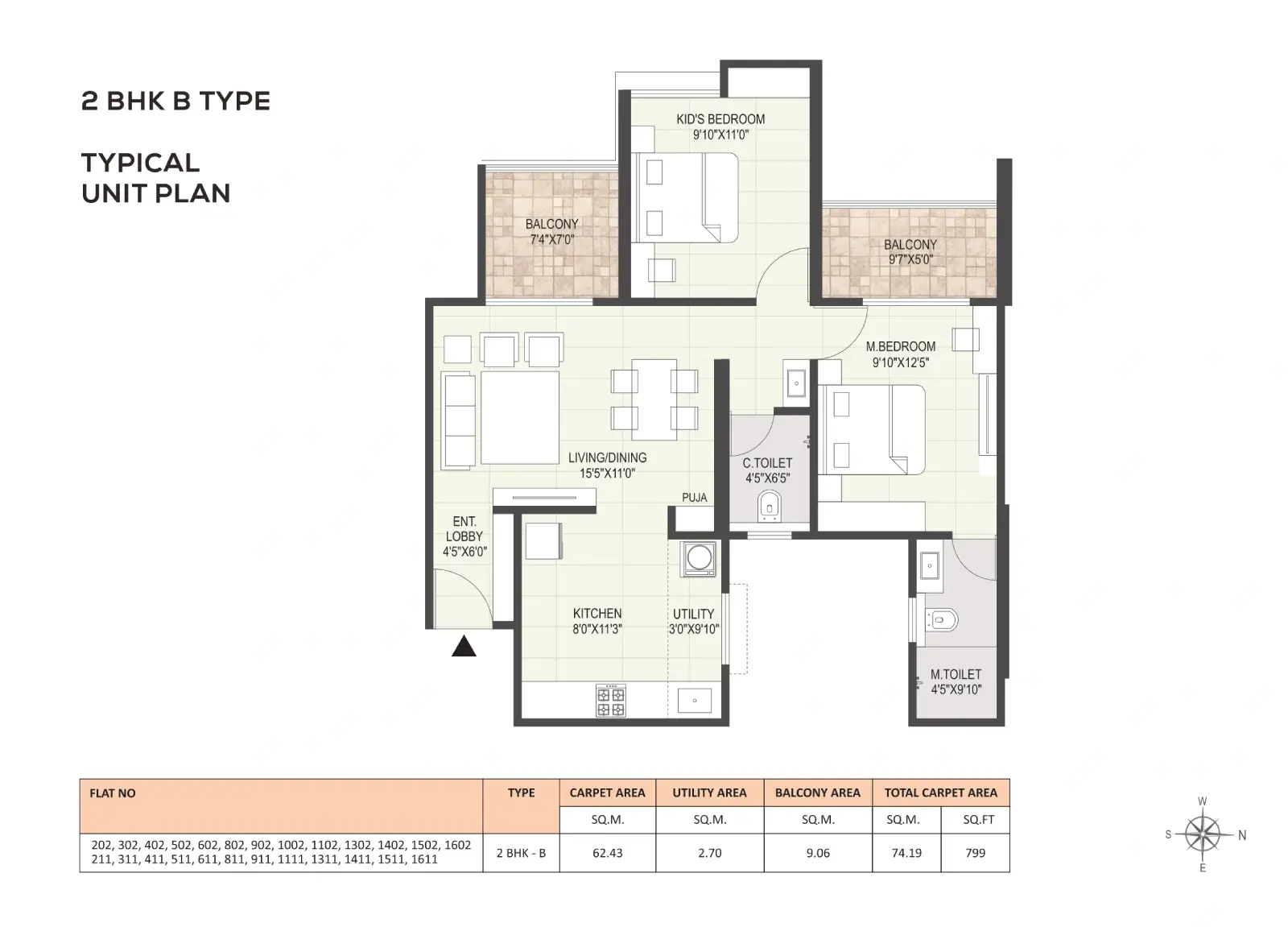 2 BHK B type typical unit plans