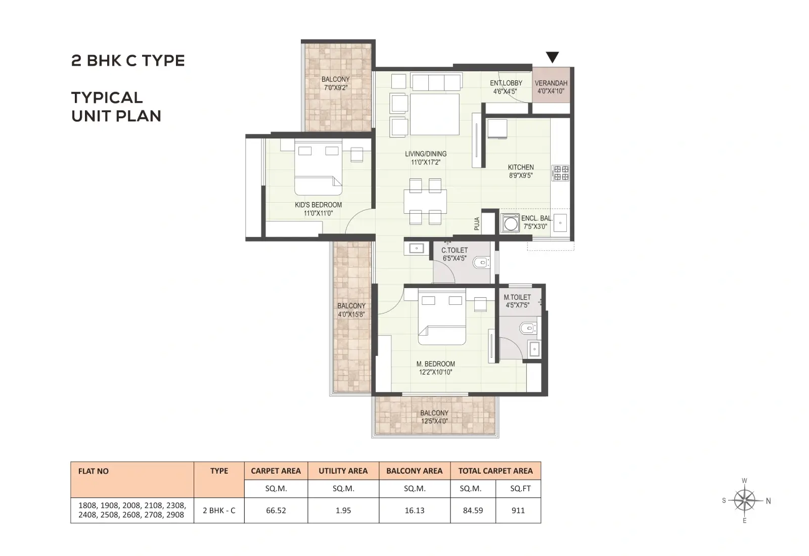 2 BHK C type typical unit plans